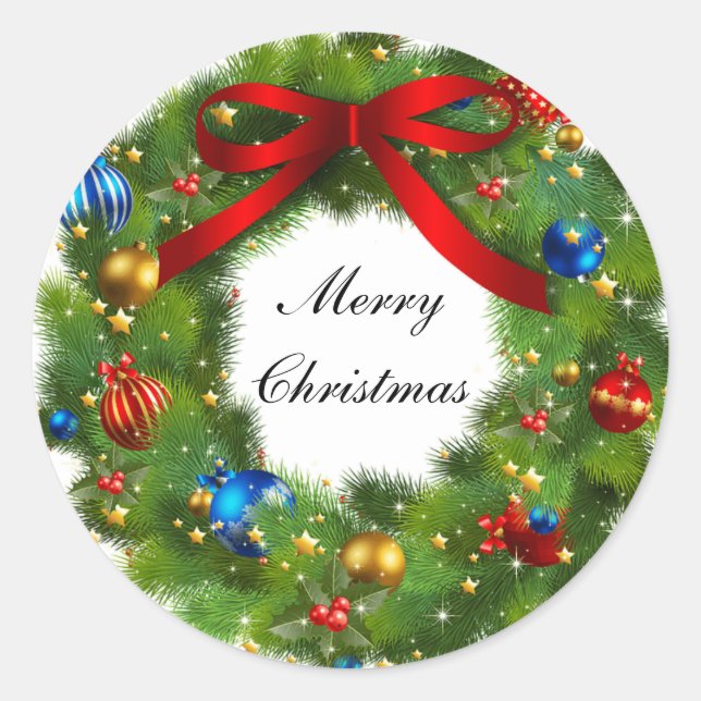 Christmas wreth with decoration classic round sticker (Front)