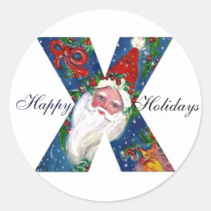 CHRISTMAS X LETTER / SANTA CLAUS WITH RED RIBBON CLASSIC ROUND STICKER