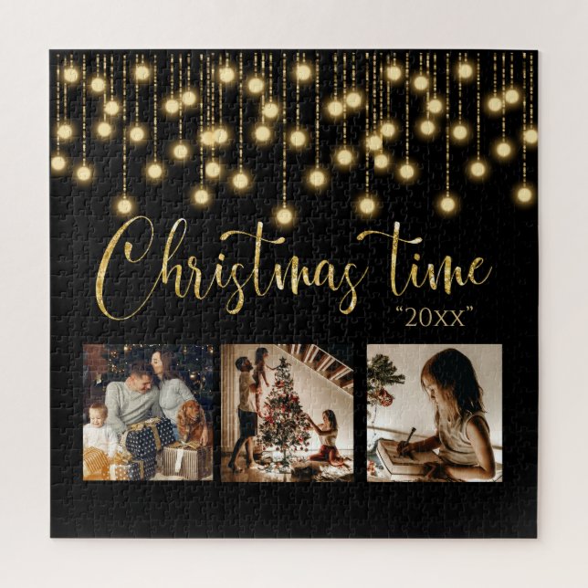 Christmas Xmas 3 Photo Collage Rustic Lights Jigsaw Puzzle (Vertical)