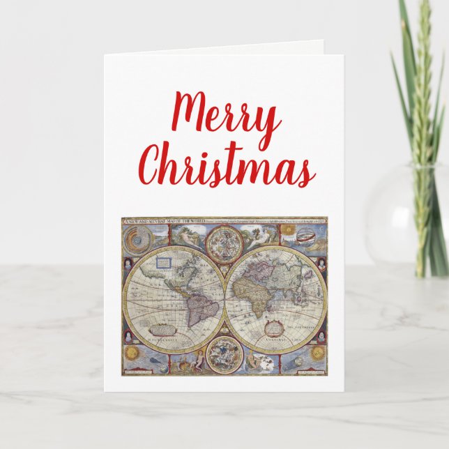 Christmas Xmas Antique World Map #3 Holiday Card (Front)
