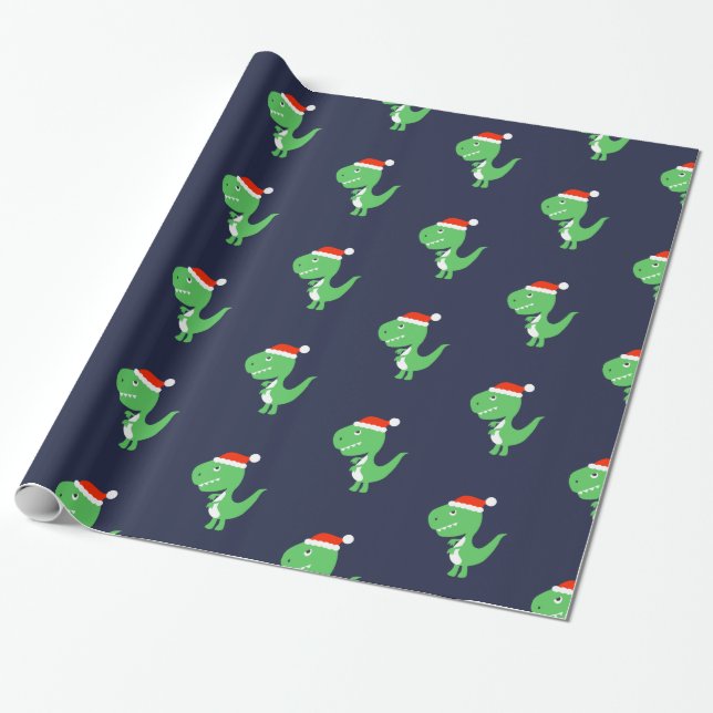 Christmas Xmas Dinosaur Santa Wrapping Paper (Unrolled)