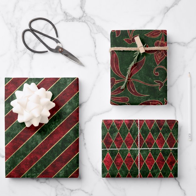 Christmas Xmas Faux Velvet Red Green Holiday Wrapping Paper Sheet (Front)