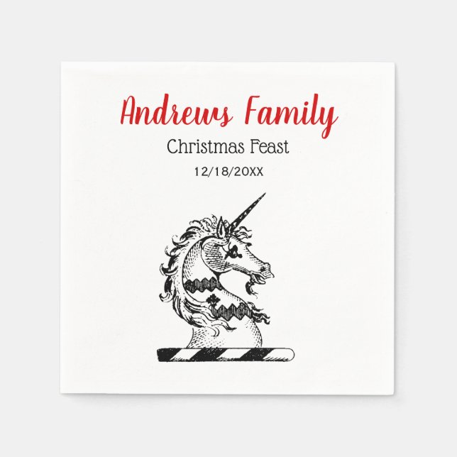 Christmas Xmas Heraldic Unicorn Head Emblem Crest Napkin (Front)