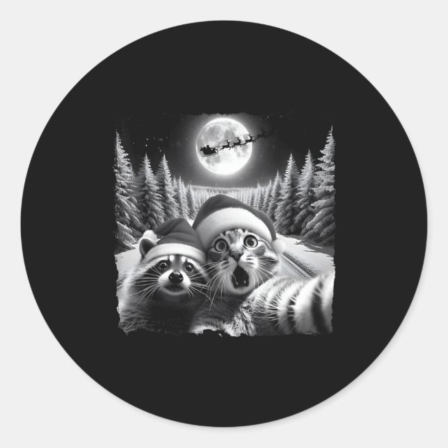 Christmas Xmas Holiday Funny Cat Taking Selfie Rac Classic Round Sticker (Front)