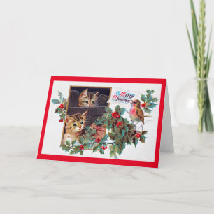 Christmas, Xmas Kitten and Little Bird Card