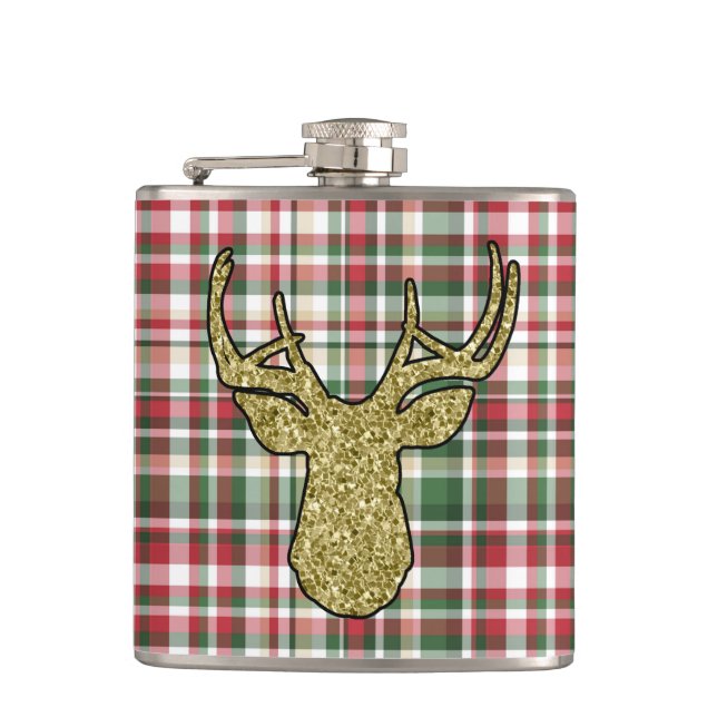 Christmas XMAS Plaid Tartan Gold Deer Buck Flask (Front)