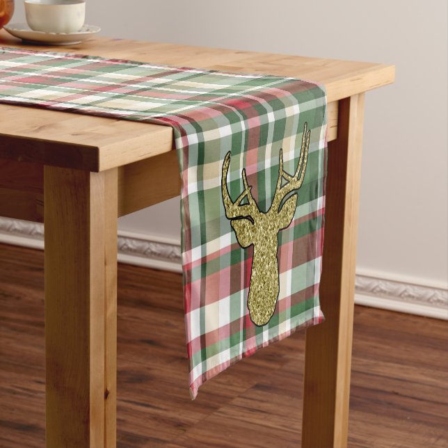 Christmas XMAS Plaid Tartan Gold Deer Buck Head Short Table Runner (In Situ)