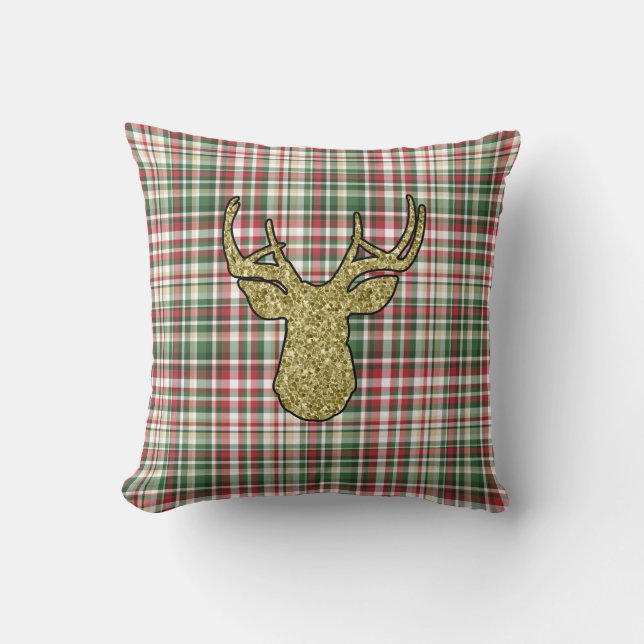 Christmas XMAS Plaid Tartan Gold Deer Buck Pillow (Front)