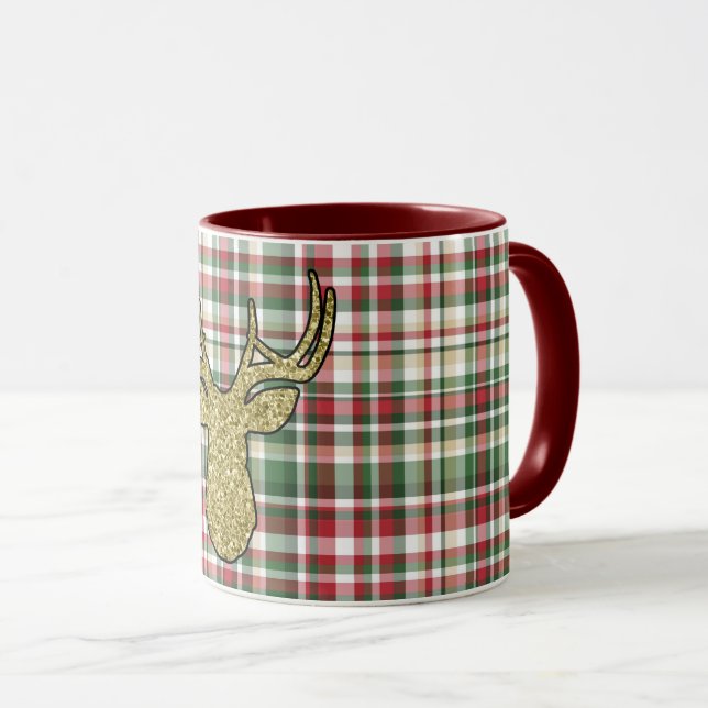 Christmas XMAS Plaid Tartan Gold Deer Coffee Mug (Front Right)