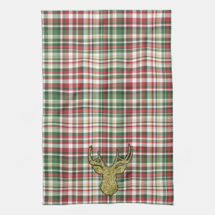Christmas XMAS Plaid Tartan Gold Deer Kitchen Towe Tea Towel