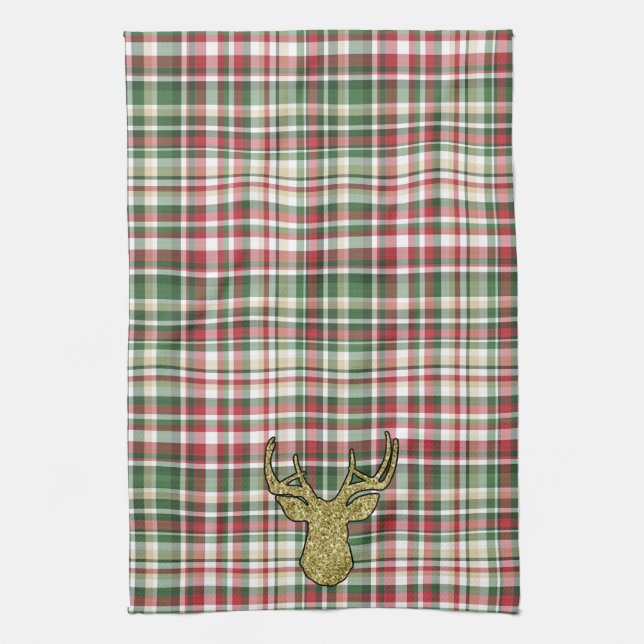 Christmas XMAS Plaid Tartan Gold Deer Kitchen Towe Tea Towel (Vertical)