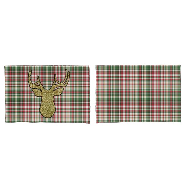 Christmas XMAS Plaid Tartan Gold Deer Pillow Cases (Front-Set)