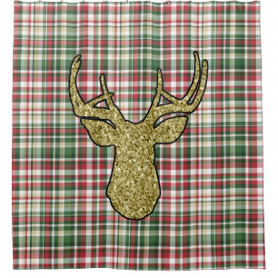 Christmas XMAS Plaid Tartan Gold Deer Shower Curta Curtain