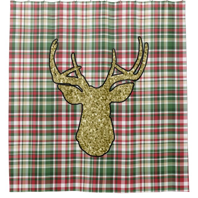 Christmas XMAS Plaid Tartan Gold Deer Shower Curta Shower Curtain (Front)