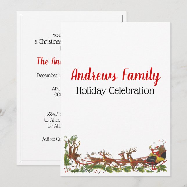 Christmas Xmas Santa Sleigh Reindeer Border Invitation (Front/Back)