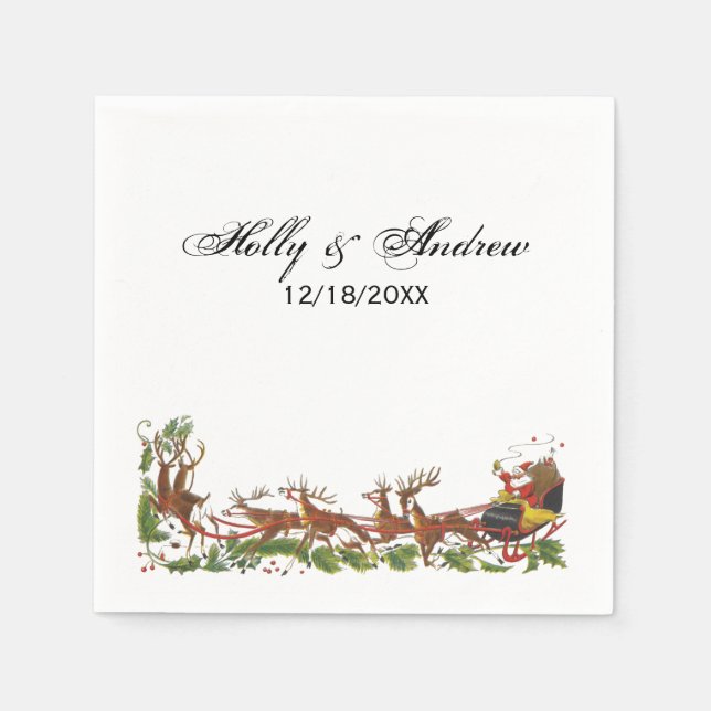 Christmas Xmas Santa Sleigh Reindeer Border Napkin (Front)