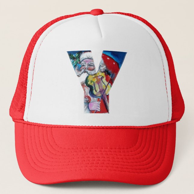 CHRISTMAS Y LETTER  / SANTA WITH VIOLIN MONOGRAM TRUCKER HAT (Front)