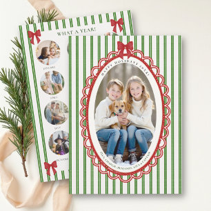 Christmas Year Review Photos Stripe Bow Scalloped Holiday Card