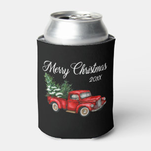 Christmas Year Watercolor Vintage Red Truck Black Can Cooler