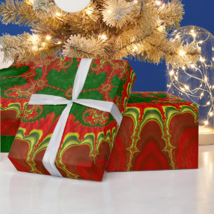 CHRISTMAS ~ Yellow Fractal Pattern Green Red ~ Wrapping Paper
