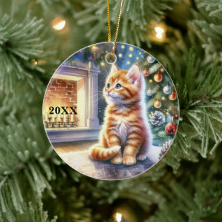 Christmas Yellow Kitten Customise Date Ornament