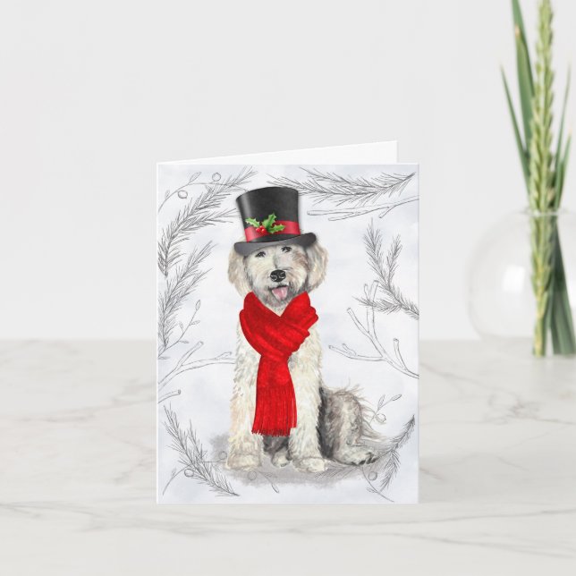 Christmas Yellow Labradoodle and Botanical Pines Holiday Card (Front)