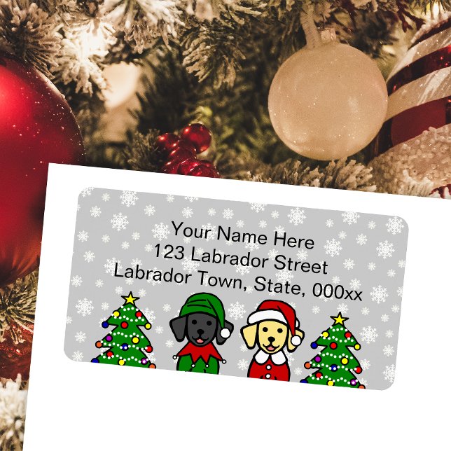 Christmas Yellow Labrador and Black Labrador twins Label (Christmas Black Lab and Yellow Lab Puppies Return Address Labels for Labrador Owners.  Elf and Santa)