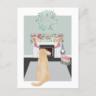 Christmas Yellow Labrador Dog Fireplace Scene Holiday Postcard