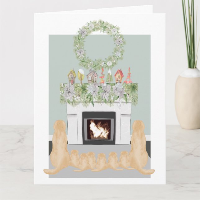 Christmas Yellow Labrador Dog Pups Fireplace Scene Card (Front)
