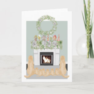Christmas Yellow Labrador Dog Pups Fireplace Scene Card
