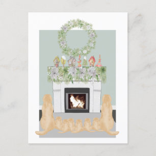 Christmas Yellow Labrador Dog Pups Fireplace Scene Holiday Postcard