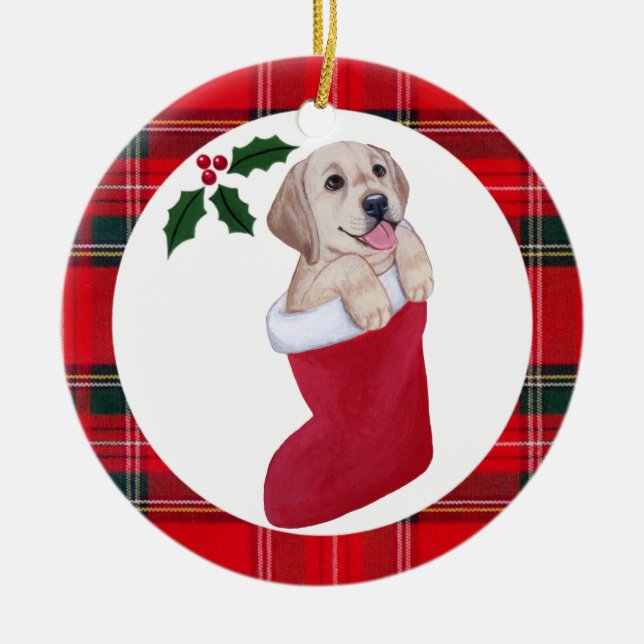 Christmas Yellow Labrador Puppy Tartan Ceramic Tree Decoration (Front)