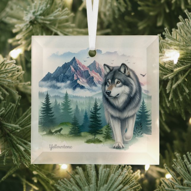 Christmas Yellowstone Wolf Glass Ornament (Insitu)