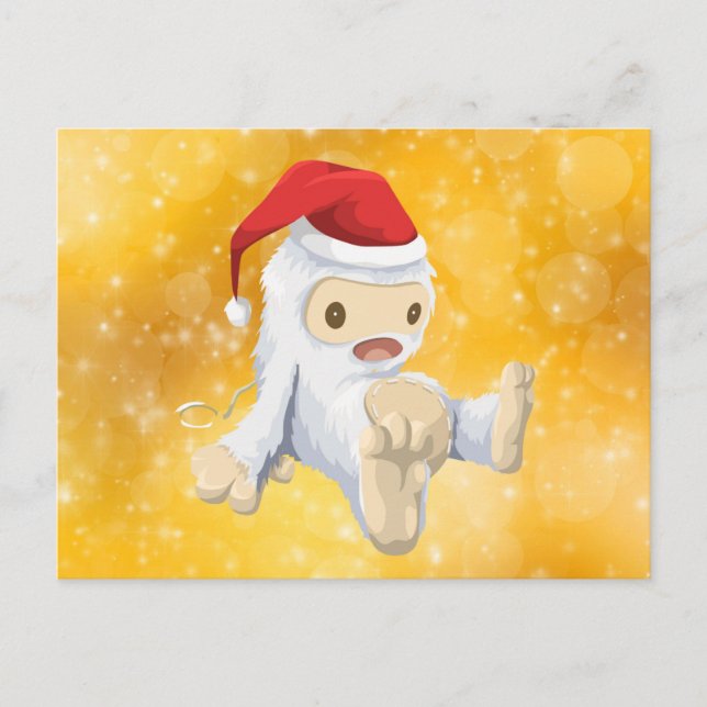 Christmas Yeti Doll on Gold Bokeh Background Holiday Postcard (Front)