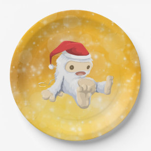 Christmas Yeti Doll on Gold Bokeh Background Paper Plate