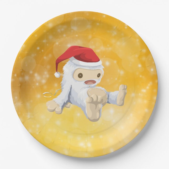 Christmas Yeti Doll on Gold Bokeh Background Paper Plate (Front)