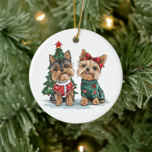 Christmas Yorkie Dogs Ceramic Tree Decoration