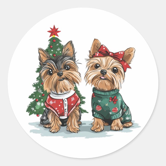 Christmas Yorkie Dogs Classic Round Sticker (Front)
