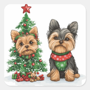 Christmas Yorkie Dogs Square Sticker