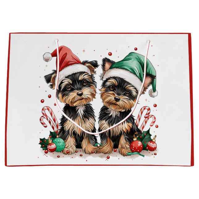 Christmas Yorkshire Terrier Dogs Large Gift Bag (Front)