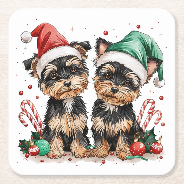 Christmas Yorkshire Terrier Dogs Square Paper Coaster (Front)