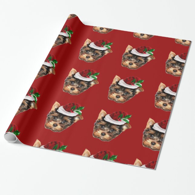 Christmas Yorkshire Terrier red wrapping paper (Unrolled)