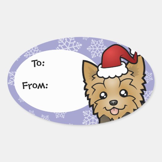 Christmas Yorkshire Terrier Short Hair With Bow Oval Sticker