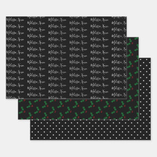 Christmas Your Name, Holly, & Black & White Dots Wrapping Paper Sheet