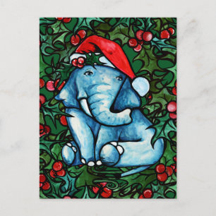 Christmas Yule Elephant with Holly Postcard