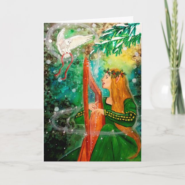 Christmas Yule Elf Maiden Harp, Owl Greeting Card (Front)