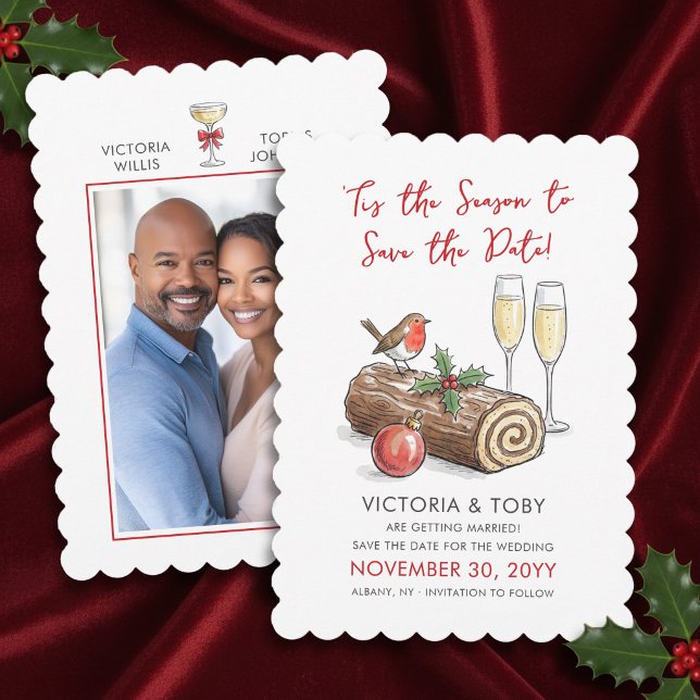 Christmas Yule Log Robin Festive Winter Wedding Save The Date (Tis the Season Wedding Save the Date with Yule Log and Engagement Photo by Darling & May)