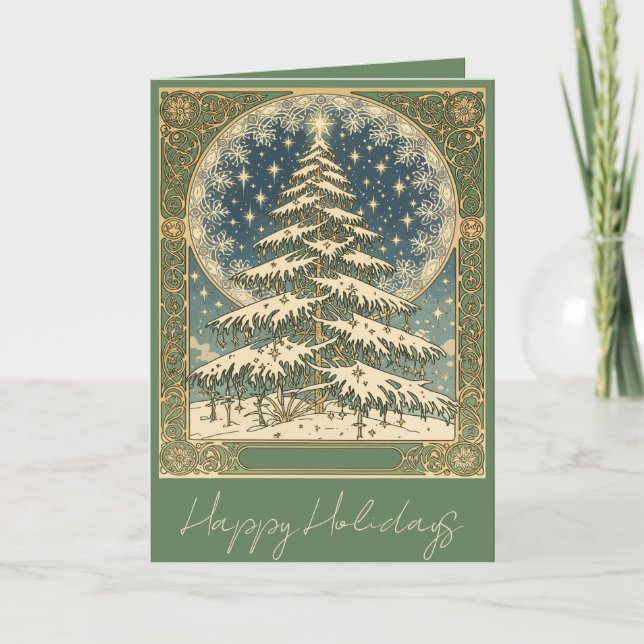 Christmas Yule Tree Snowflakes and Stars Art Nouve Holiday Card (Front)