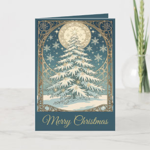 Christmas Yule Tree With Snow And Star-Shaped Holiday Card