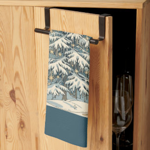 Christmas Yule Tree With Snow Laden Branches Tea Towel